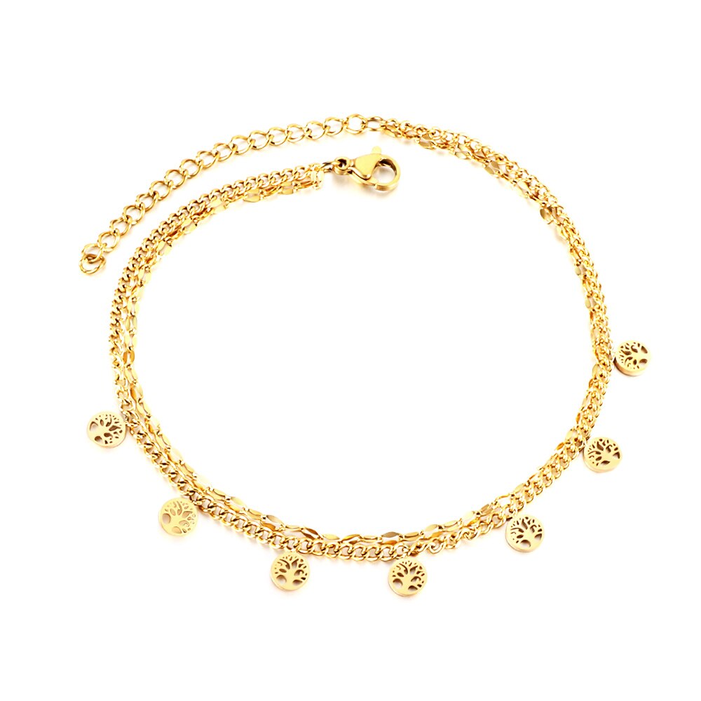 ASON Trendy Round Hollow Out Tree Accessories Multi-layer Chain Anklet Gold Color Stainless Steel For Women Fashion Jewelry asonjewelry